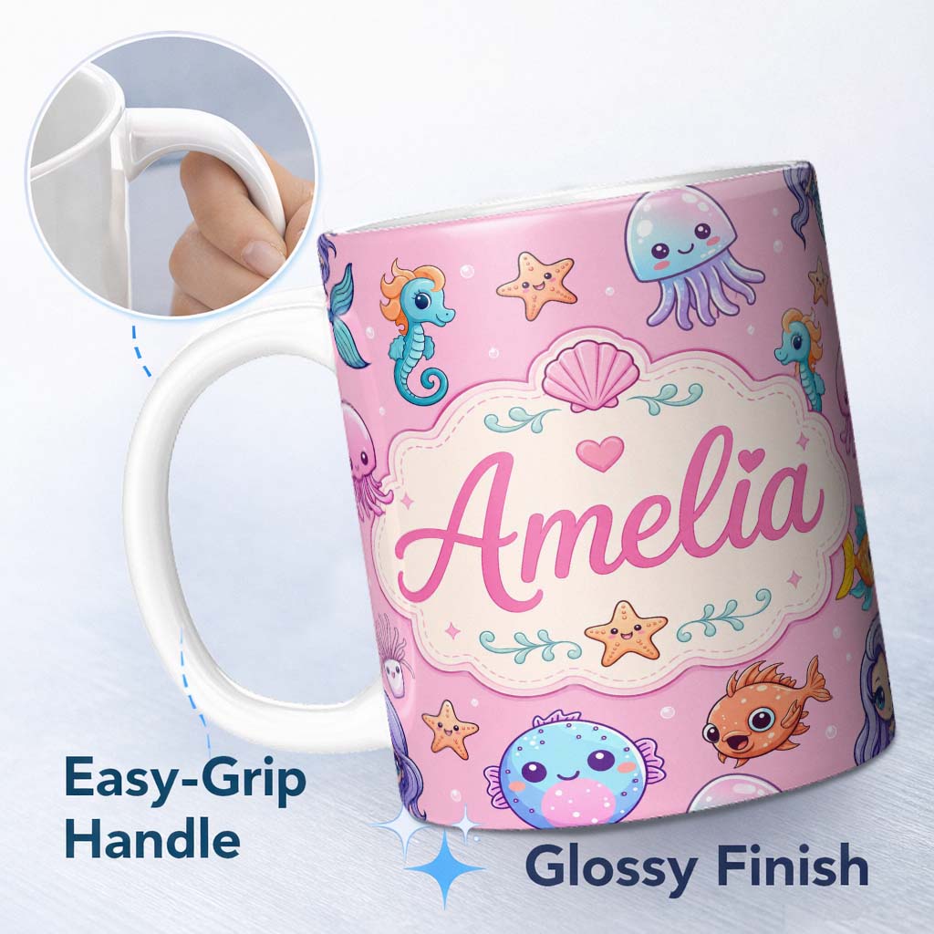 Personalized Custom Name Cute Kawaii Mermaid Seahorse Jellyfish and Starfish Soft Pink Lovely 11oz Ceramic Coffee Tea Mug White Large Handle