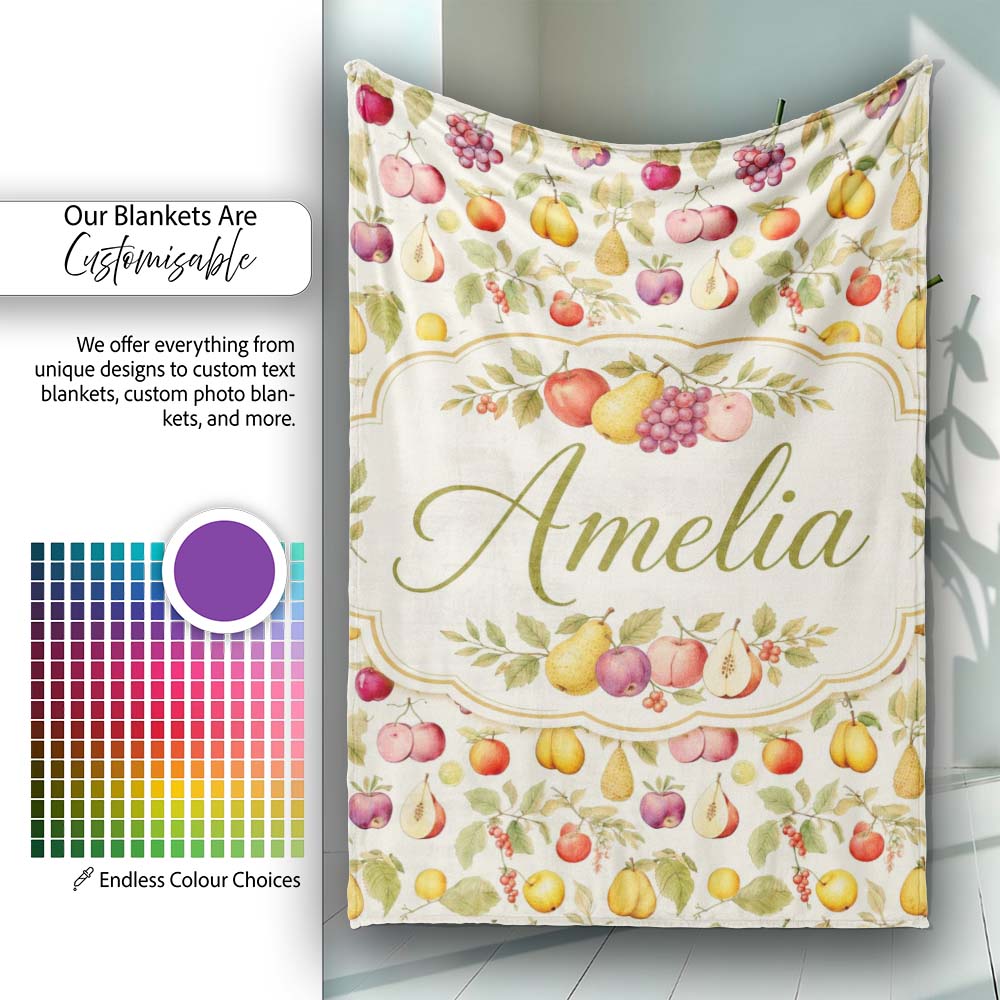 Vintage Botanical Orchard Fruits and Leaves Seamless Pattern Lovely Personalised Custom Name Super Soft Fleece Blanket Bed Sofa Throw