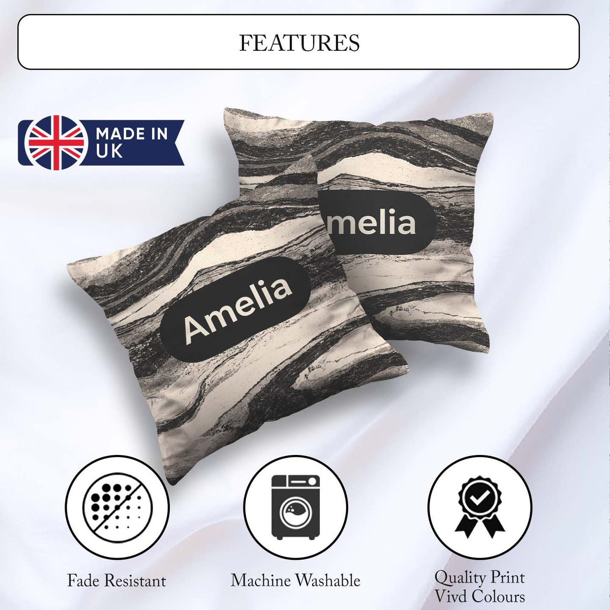 Custom Name Fine Topography Black Cream Abstract Contour Pattern Square Filled Cushion Throw Pillow Sofa Bed Home Decor Zip Washable UK Made
