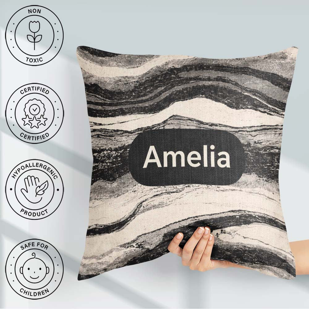 Custom Name Fine Topography Black Cream Abstract Contour Pattern Square Filled Cushion Throw Pillow Sofa Bed Home Decor Zip Washable UK Made