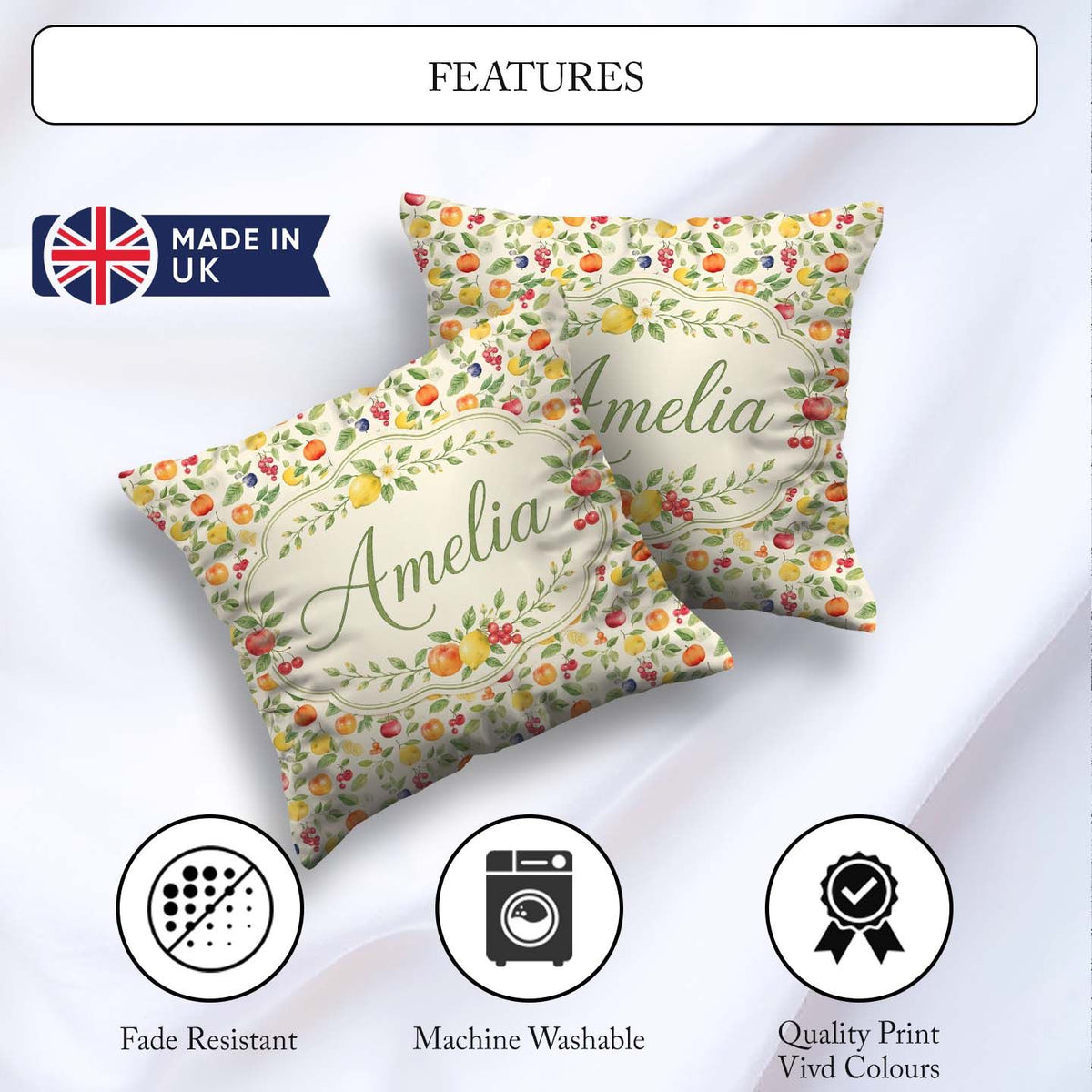 Custom Name Fresh Citrus Kiwi and Apple Fruit Seamless Pattern Square Filled Cushion Throw Pillow Sofa Bed Home Decor Zip Washable UK Made