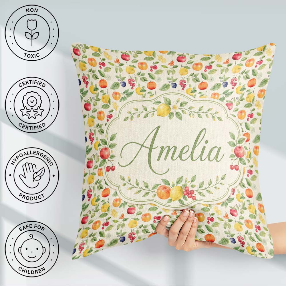 Custom Name Fresh Citrus Kiwi and Apple Fruit Seamless Pattern Square Filled Cushion Throw Pillow Sofa Bed Home Decor Zip Washable UK Made