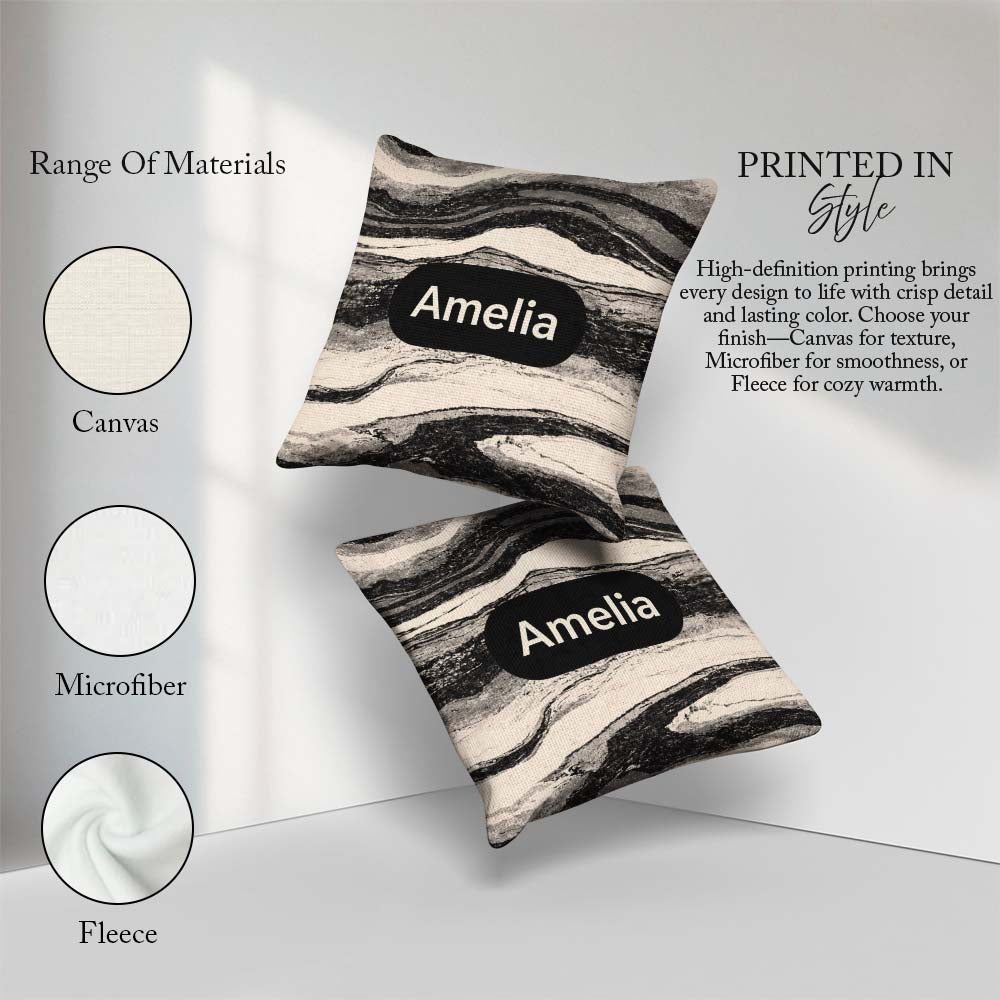 Custom Name Fine Topography Black Cream Abstract Contour Pattern Square Filled Cushion Throw Pillow Sofa Bed Home Decor Zip Washable UK Made