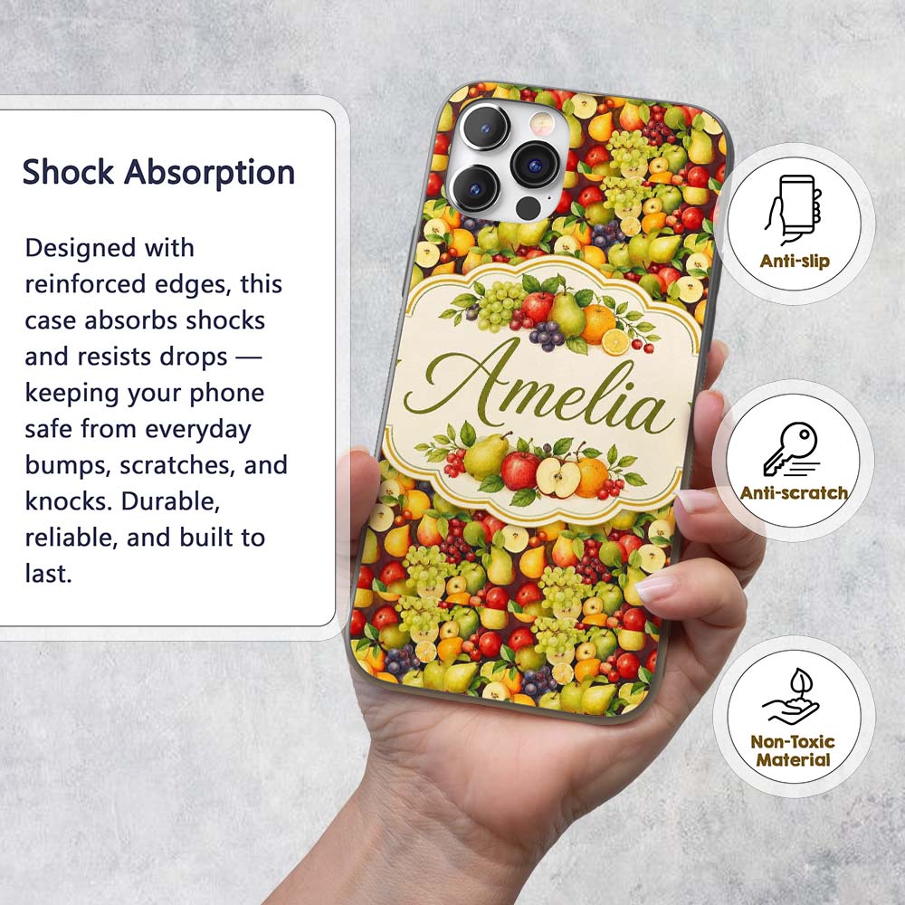 Rich Vintage Mixed Fruit Basket Seamless Pattern Custom Name Protective Phone Case Mobile Cover Durable Everyday Smartphone Shock Resistant
