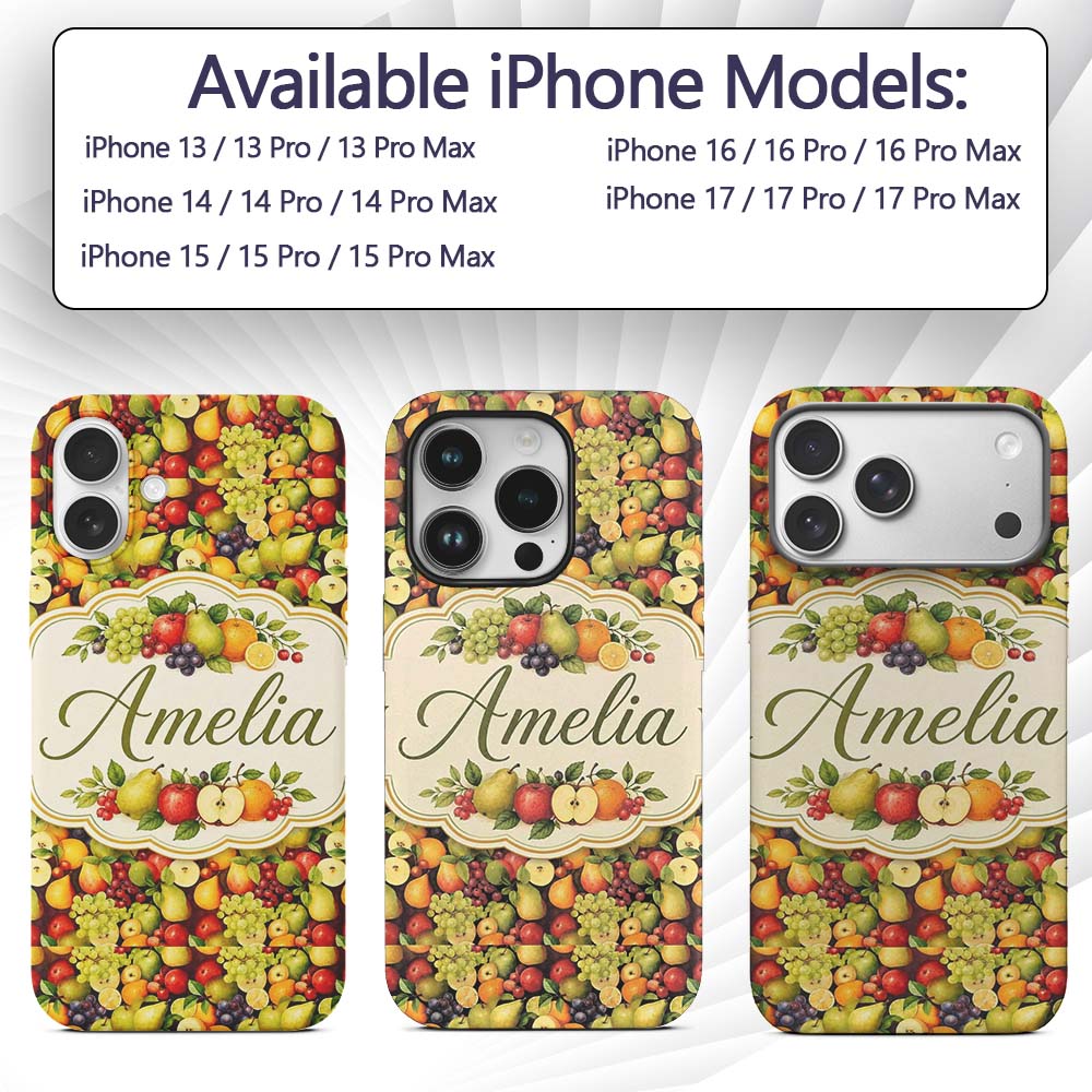 Rich Vintage Mixed Fruit Basket Seamless Pattern Custom Name Protective Phone Case Mobile Cover Durable Everyday Smartphone Shock Resistant