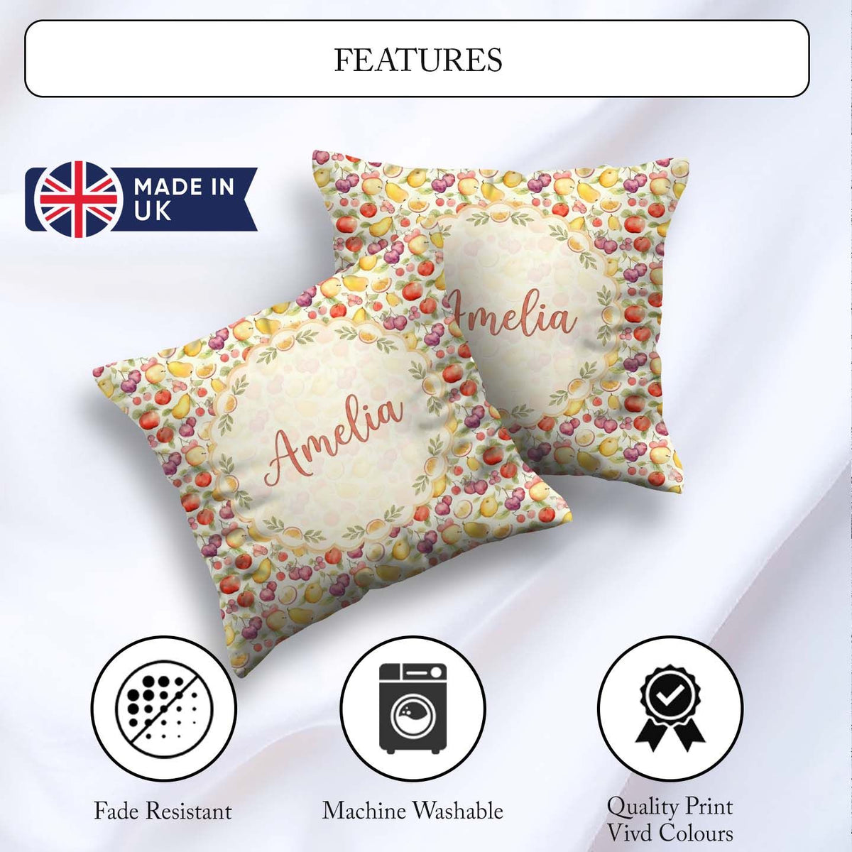 Custom Name Delicate Pastel Mixed Fruit Seamless Pattern Lovely Square Filled Cushion Throw Pillow Sofa Bed Home Decor Zip Washable UK Made