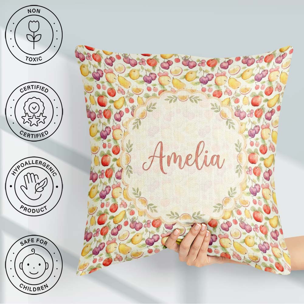 Custom Name Delicate Pastel Mixed Fruit Seamless Pattern Lovely Square Filled Cushion Throw Pillow Sofa Bed Home Decor Zip Washable UK Made