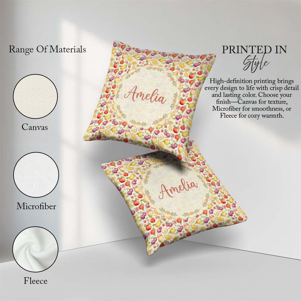 Custom Name Delicate Pastel Mixed Fruit Seamless Pattern Lovely Square Filled Cushion Throw Pillow Sofa Bed Home Decor Zip Washable UK Made