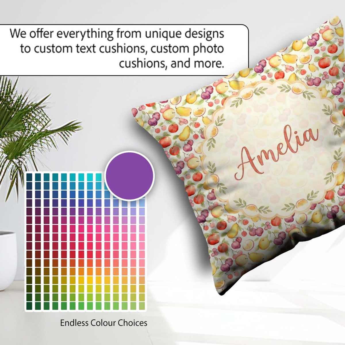 Custom Name Delicate Pastel Mixed Fruit Seamless Pattern Lovely Square Filled Cushion Throw Pillow Sofa Bed Home Decor Zip Washable UK Made