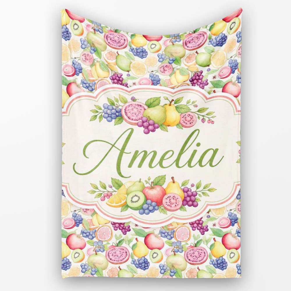 Colorful Watercolor Exotic Fruit Mix with Citrus and Berries Lovely Personalised Custom Name Super Soft Fleece Blanket Bed Sofa Throw