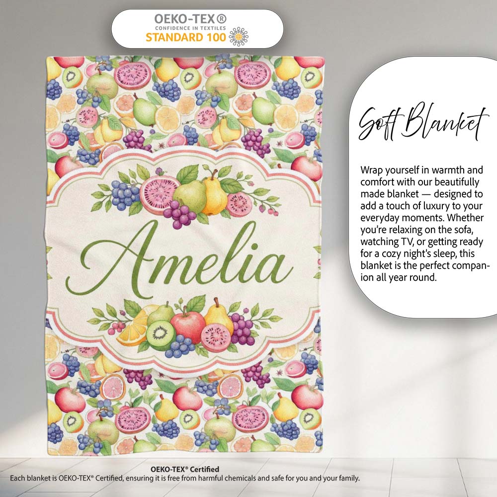 Colorful Watercolor Exotic Fruit Mix with Citrus and Berries Lovely Personalised Custom Name Super Soft Fleece Blanket Bed Sofa Throw