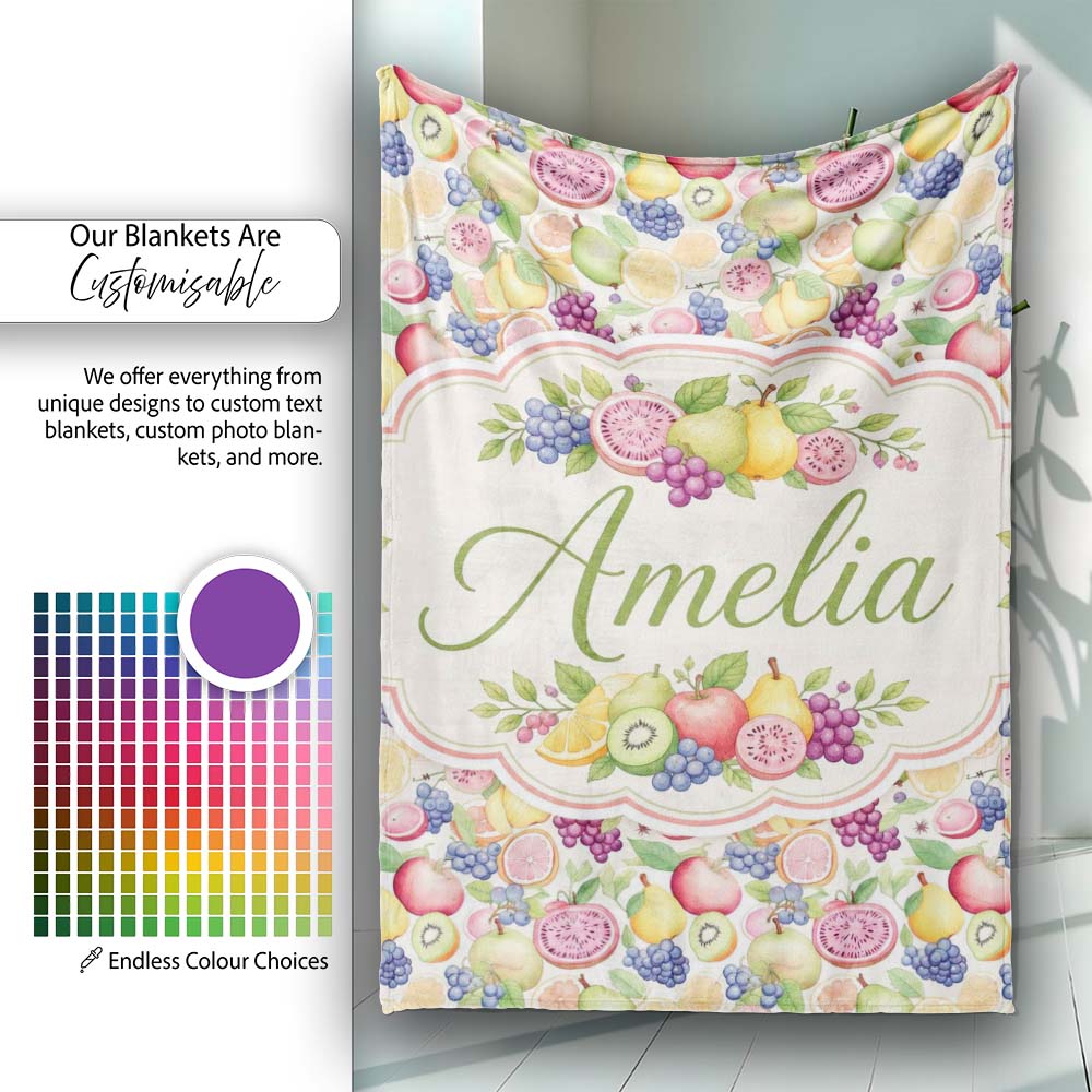 Colorful Watercolor Exotic Fruit Mix with Citrus and Berries Lovely Personalised Custom Name Super Soft Fleece Blanket Bed Sofa Throw