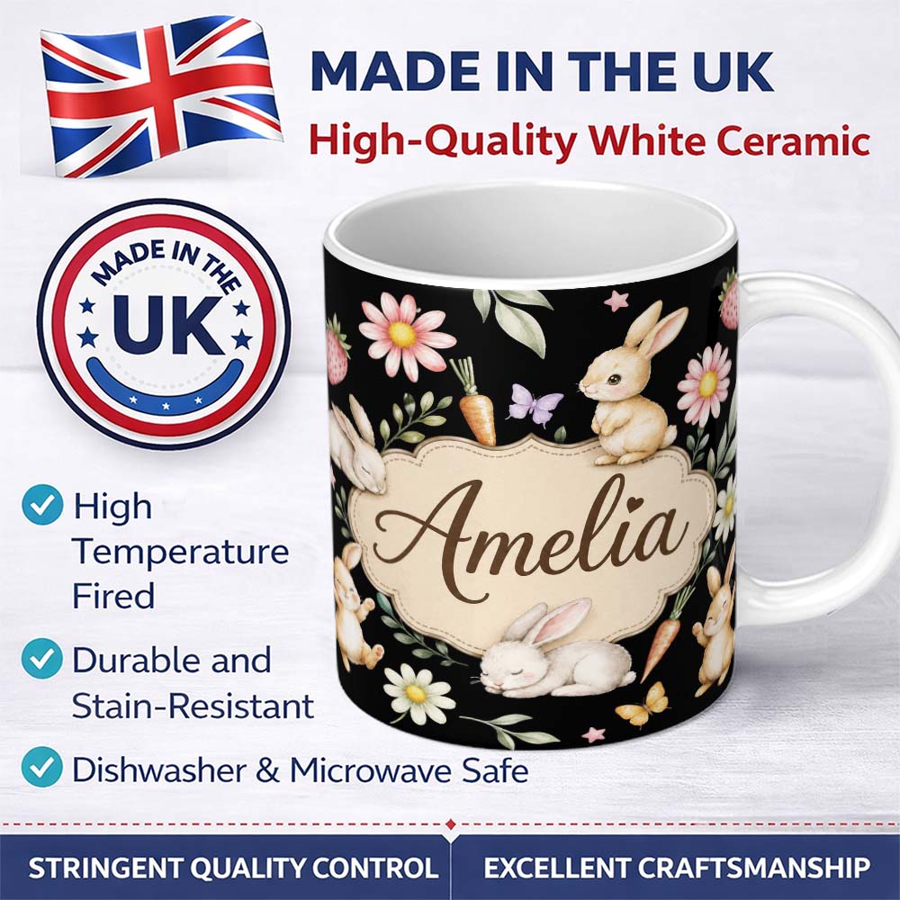 Personalized Custom Name Cute Bunny Rabbits Carrots Flowers Spring Garden Seamless Pattern 11oz Ceramic Coffee Tea Mug White Large Handle
