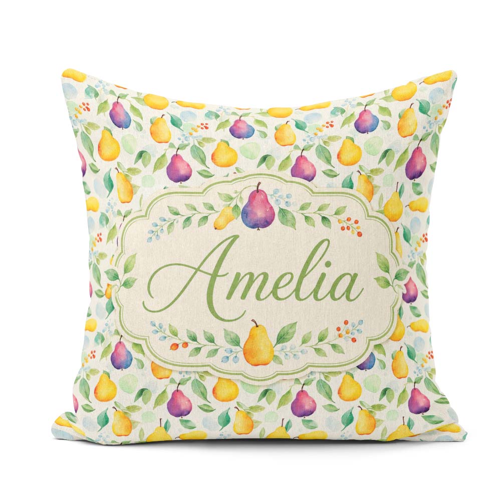 Custom Name Soft Watercolor Pear and Botanical Seamless Pattern Square Filled Cushion Throw Pillow Sofa Bed Home Decor Zip Washable UK Made