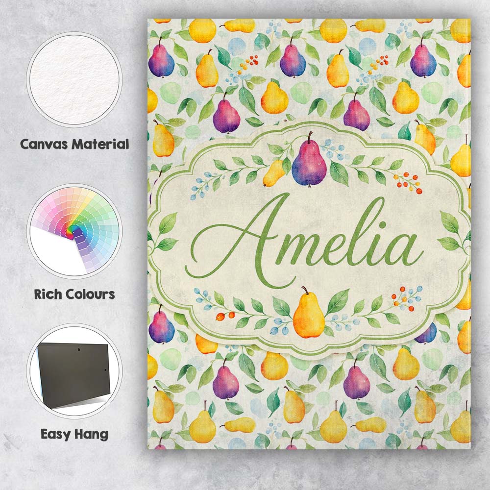 Personalised Name Soft Watercolor Pear and Custom Unique Gift Idea Elegant Feature Canvas Wall Art Print Decor Picture Ready to Hang