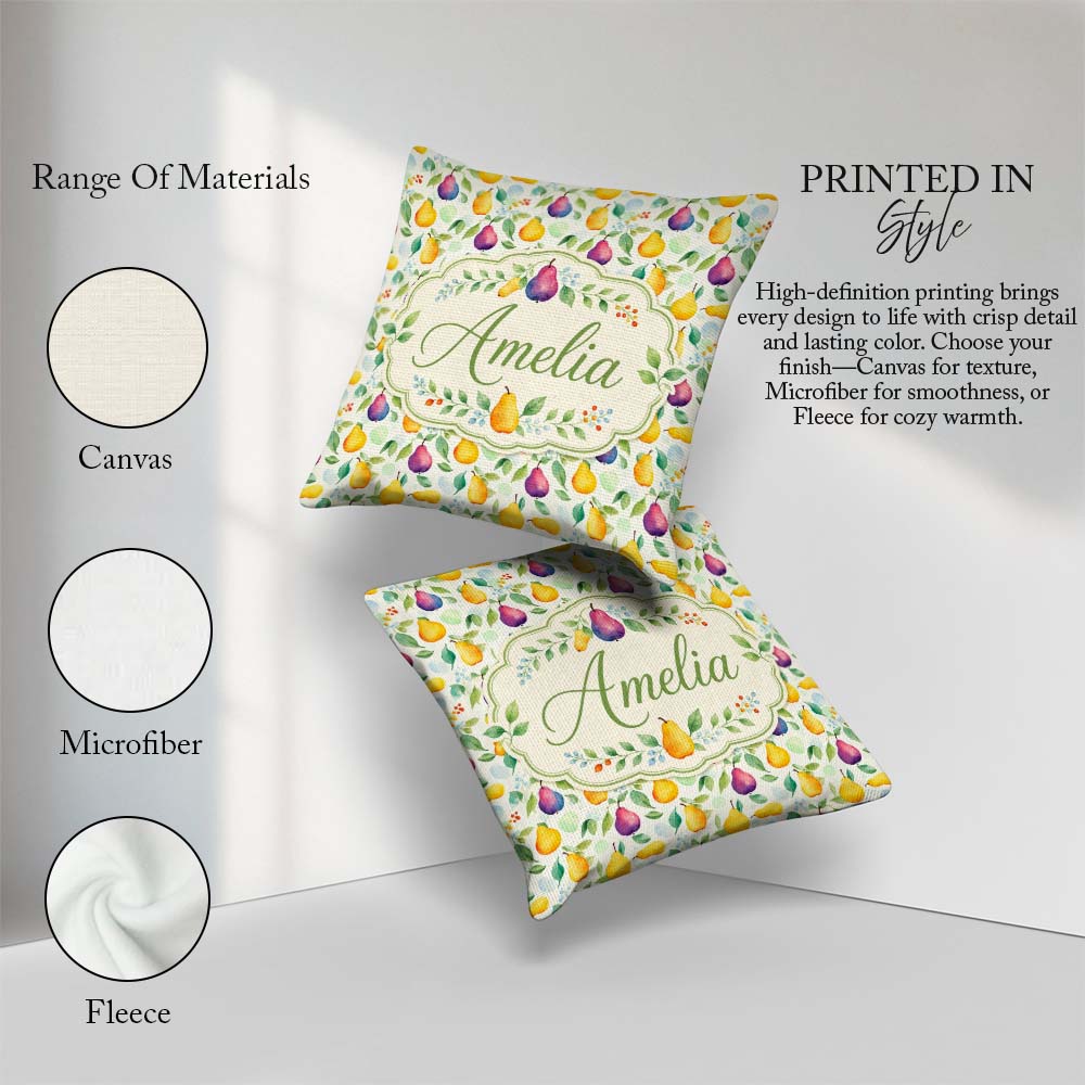 Custom Name Soft Watercolor Pear and Botanical Seamless Pattern Square Filled Cushion Throw Pillow Sofa Bed Home Decor Zip Washable UK Made
