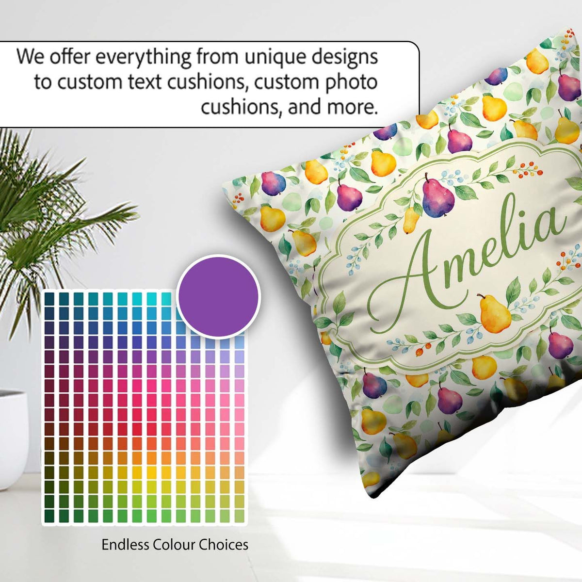Custom Name Soft Watercolor Pear and Botanical Seamless Pattern Square Filled Cushion Throw Pillow Sofa Bed Home Decor Zip Washable UK Made