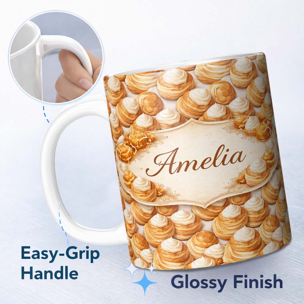 Personalized Custom Name Cream Puff Pastry Dessert Seamless Pattern Perfect Gift for Her 11oz Ceramic Coffee Tea Mug White Large Handle