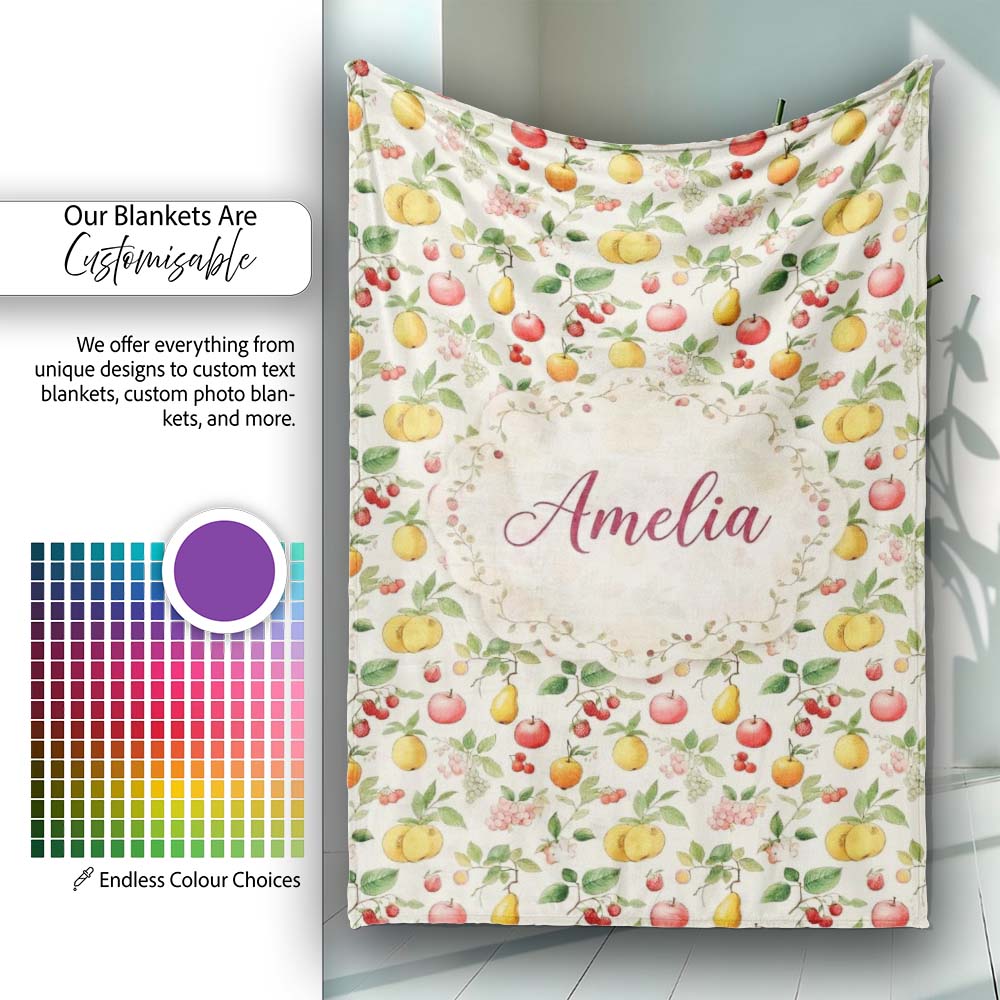 Vintage Style Orchard Fruits and Blossoms Seamless Pattern Lovely Personalised Custom Name Super Soft Fleece Blanket Bed Sofa Throw
