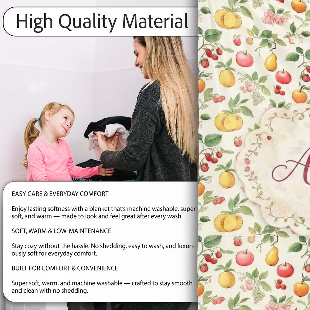 Vintage Style Orchard Fruits and Blossoms Seamless Pattern Lovely Personalised Custom Name Super Soft Fleece Blanket Bed Sofa Throw