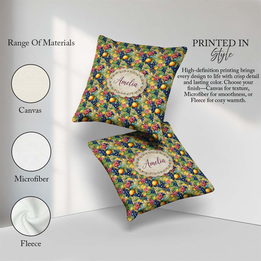 Custom Name Rich Detailed Grapes Citrus and Mixed Fruit Abundant Square Filled Cushion Throw Pillow Sofa Bed Home Decor Zip Washable UK Made