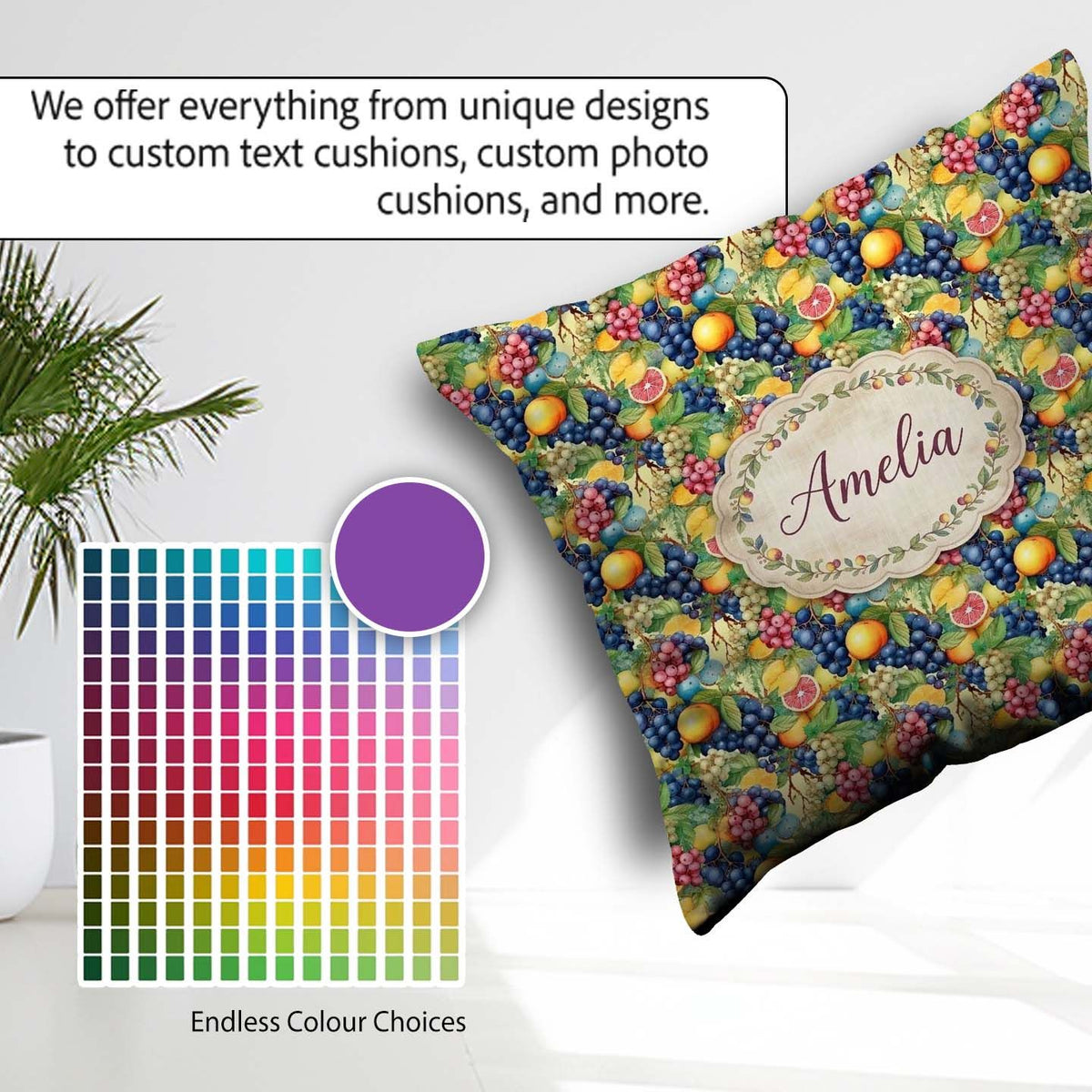 Custom Name Rich Detailed Grapes Citrus and Mixed Fruit Abundant Square Filled Cushion Throw Pillow Sofa Bed Home Decor Zip Washable UK Made
