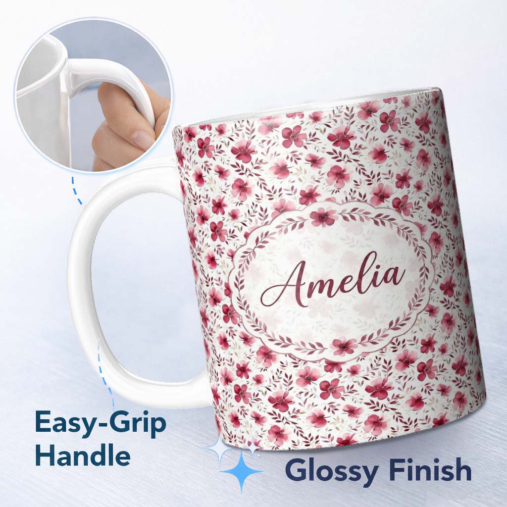 Personalized Custom Name Elegant Pink Floral Blossom Branch Seamless Pattern Cute Unique Gift 11oz Ceramic Coffee Tea Mug White Large Handle