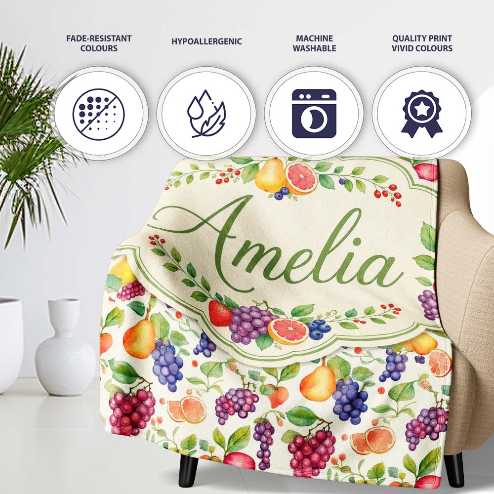 Fresh Watercolor Grapes Pear and Citrus Mix Seamless Pattern Lovely Personalised Custom Name Super Soft Fleece Blanket Bed Sofa Throw