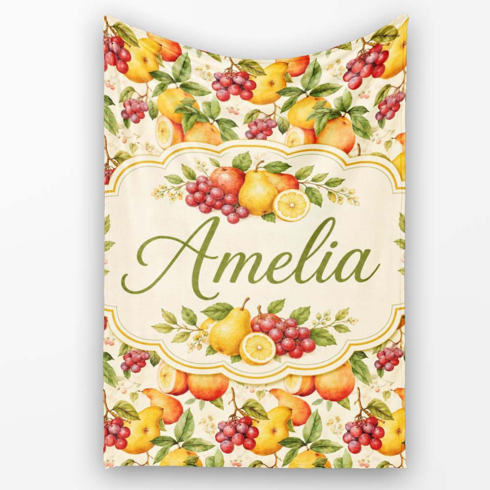 Warm Vintage Pear and Berry Botanical Seamless Pattern Lovely Personalised Custom Name Super Soft Fleece Blanket Bed Sofa Throw