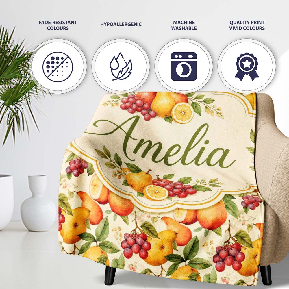 Warm Vintage Pear and Berry Botanical Seamless Pattern Lovely Personalised Custom Name Super Soft Fleece Blanket Bed Sofa Throw