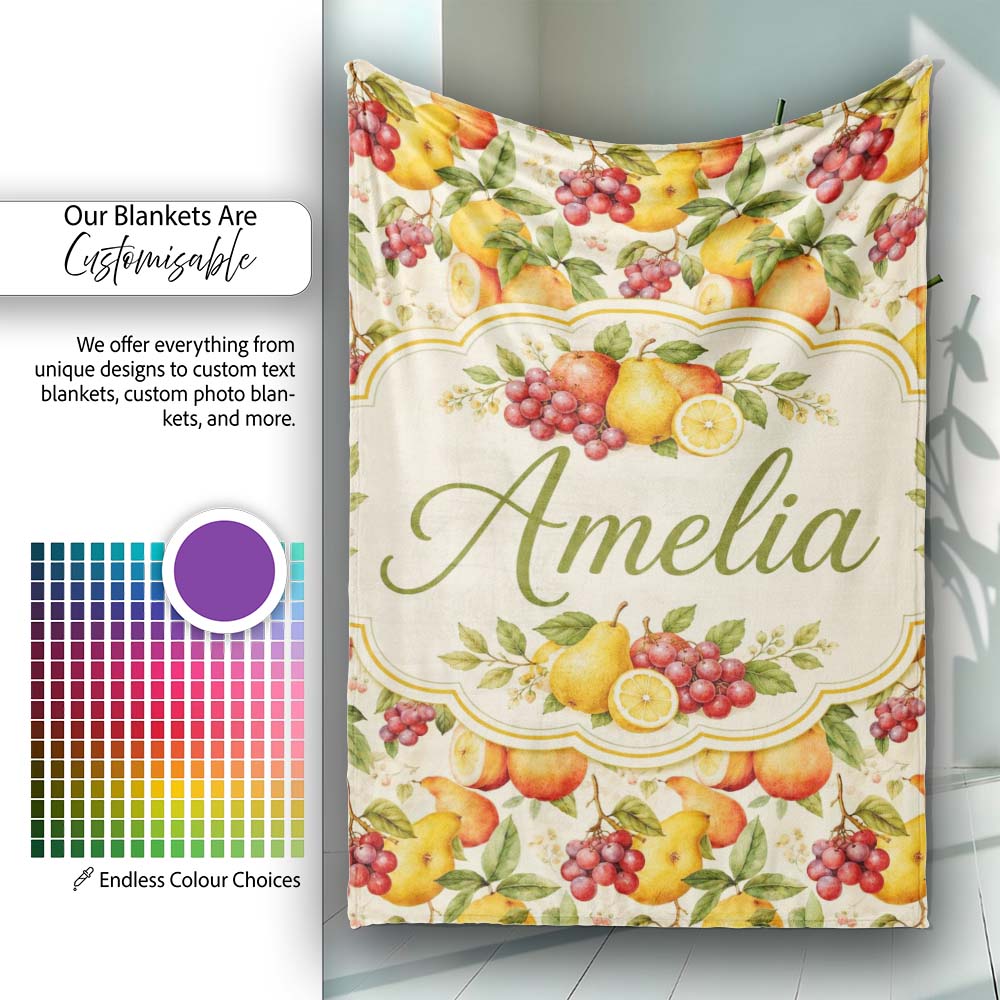 Warm Vintage Pear and Berry Botanical Seamless Pattern Lovely Personalised Custom Name Super Soft Fleece Blanket Bed Sofa Throw