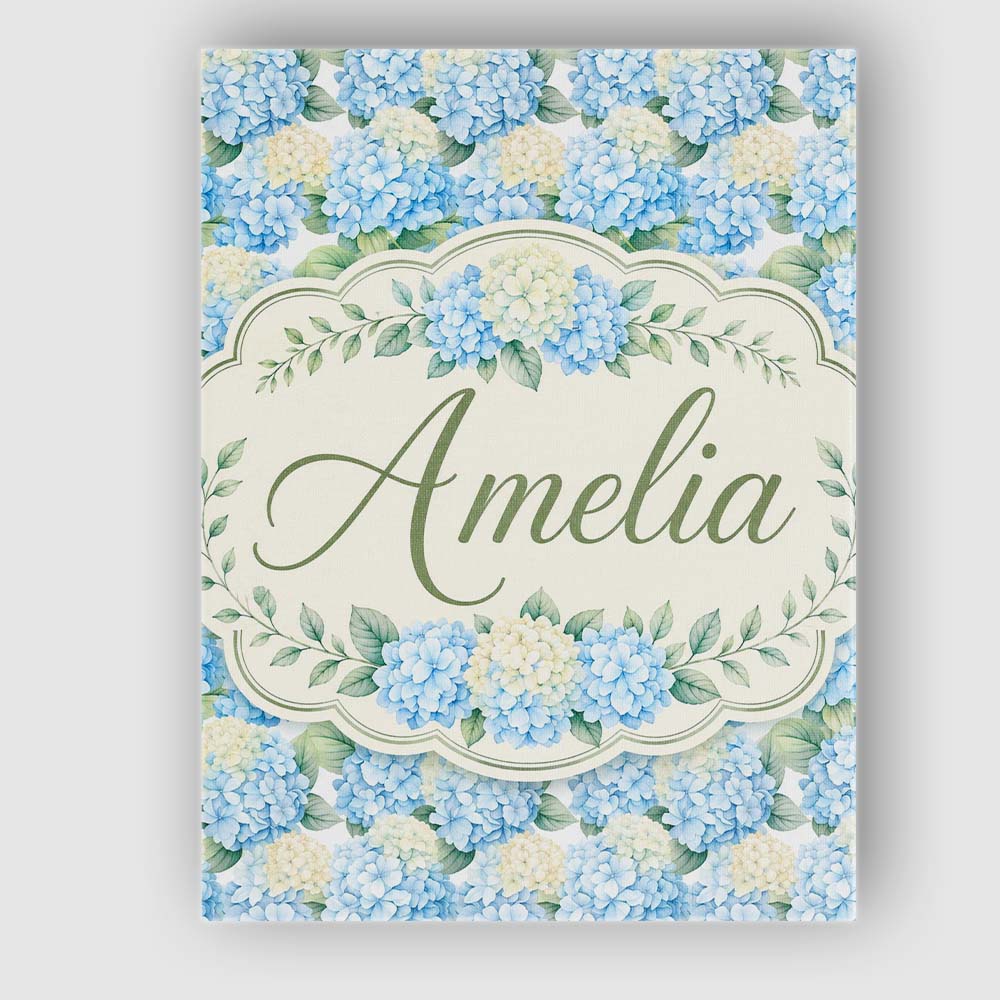 Personalised Name Soft Blue Hydrangea Custom Modern Room Accent Creative Decorator Style Canvas Wall Art Print Decor Picture Ready to Hang