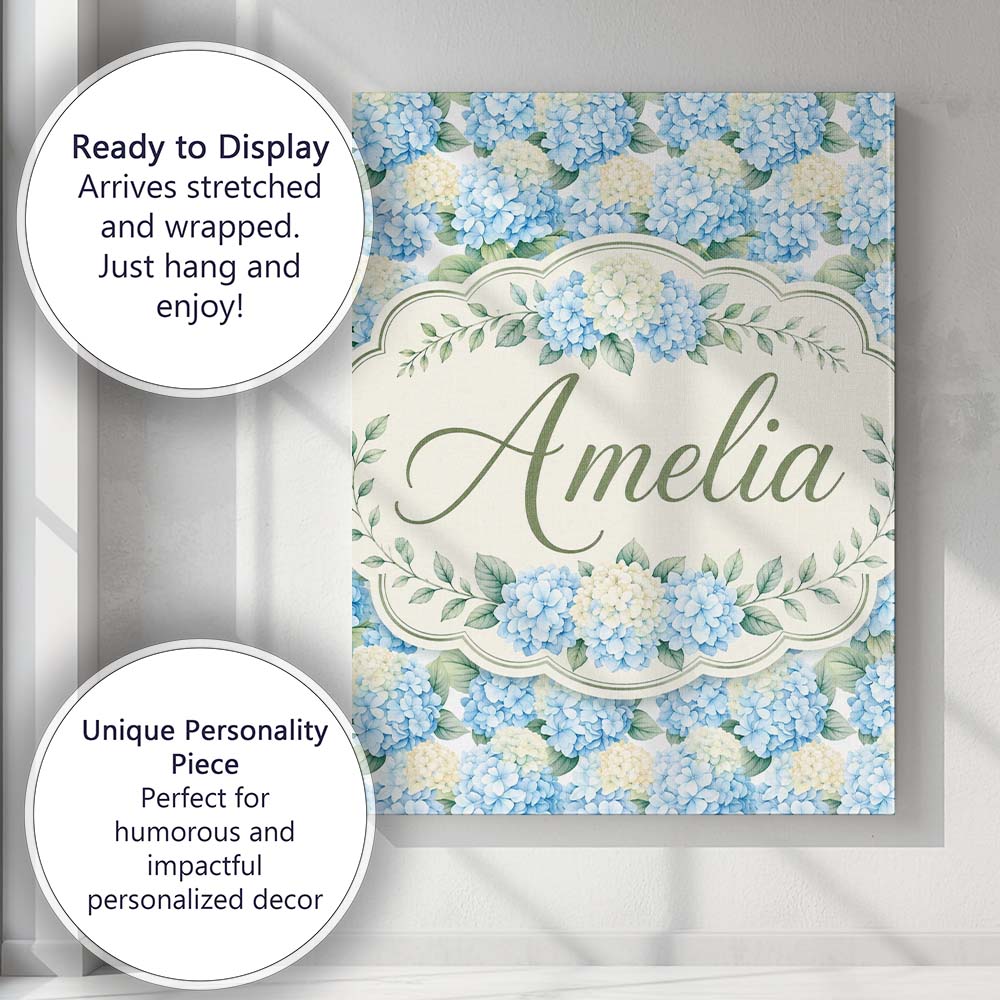 Personalised Name Soft Blue Hydrangea Custom Modern Room Accent Creative Decorator Style Canvas Wall Art Print Decor Picture Ready to Hang