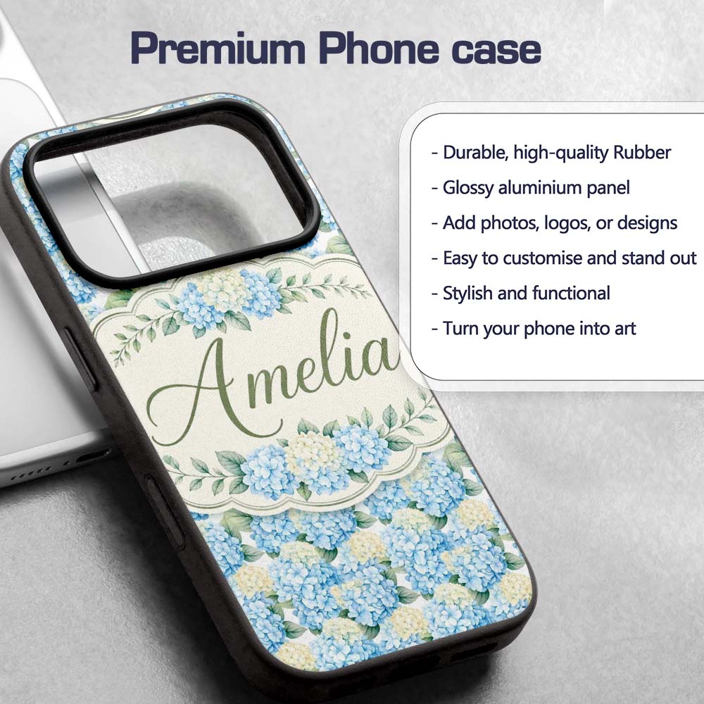 Soft Blue Hydrangea Floral Decorative Design Custom Name Protective Phone Case Mobile Cover Durable Everyday Smartphone Shock Resistant