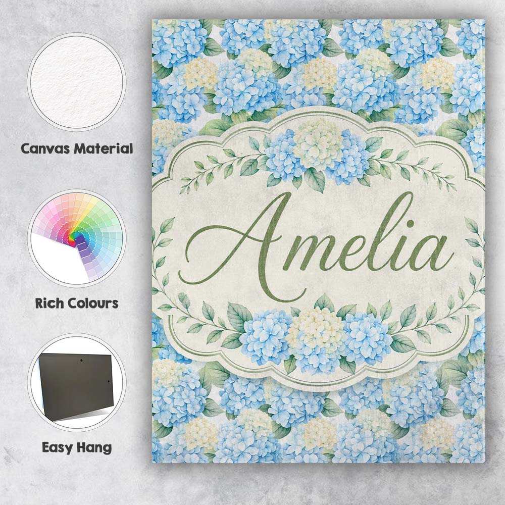 Personalised Name Soft Blue Hydrangea Custom Modern Room Accent Creative Decorator Style Canvas Wall Art Print Decor Picture Ready to Hang