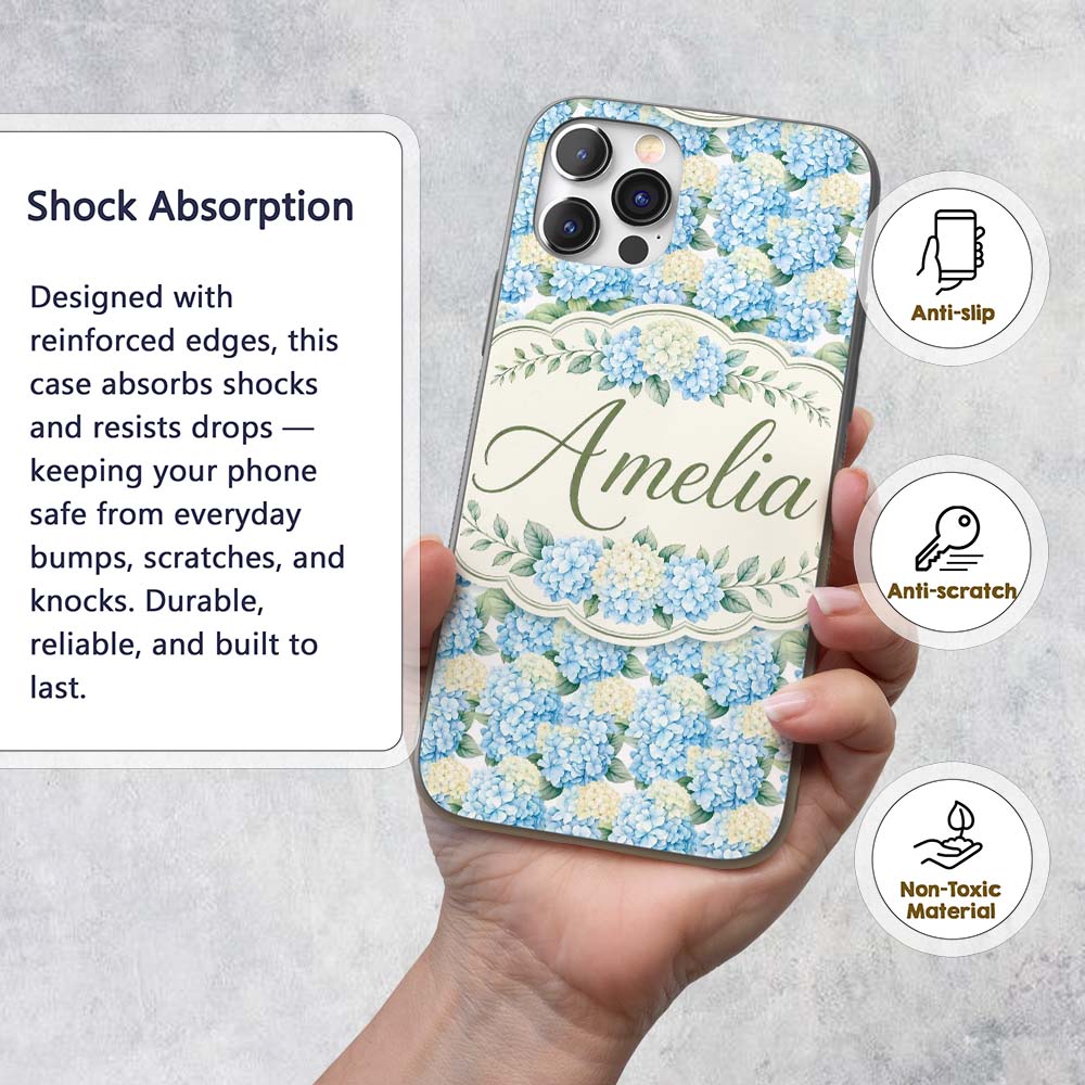 Soft Blue Hydrangea Floral Decorative Design Custom Name Protective Phone Case Mobile Cover Durable Everyday Smartphone Shock Resistant