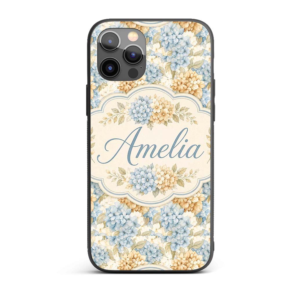 Vintage Blue and Cream Hydrangea Floral Seamless Custom Name Protective Phone Case Mobile Cover Durable Everyday Smartphone Shock Resistant