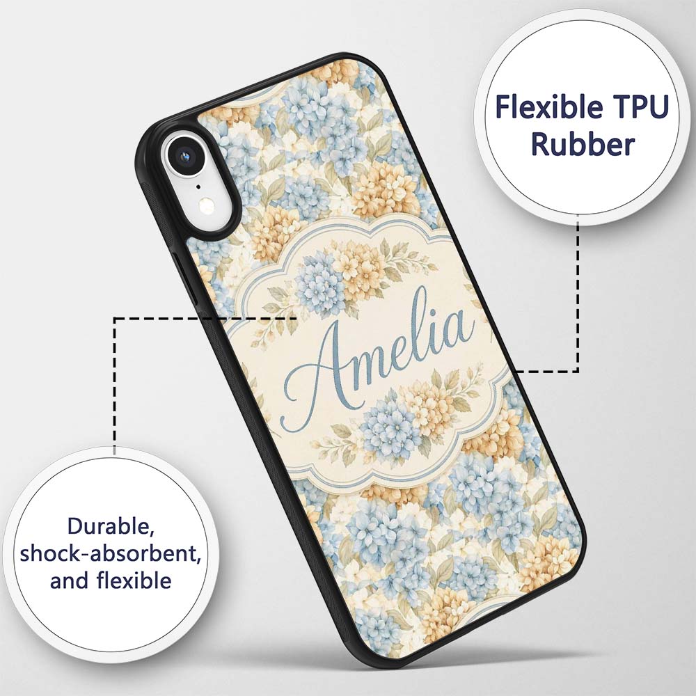 Vintage Blue and Cream Hydrangea Floral Seamless Custom Name Protective Phone Case Mobile Cover Durable Everyday Smartphone Shock Resistant