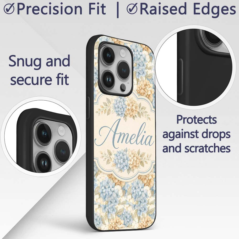 Vintage Blue and Cream Hydrangea Floral Seamless Custom Name Protective Phone Case Mobile Cover Durable Everyday Smartphone Shock Resistant
