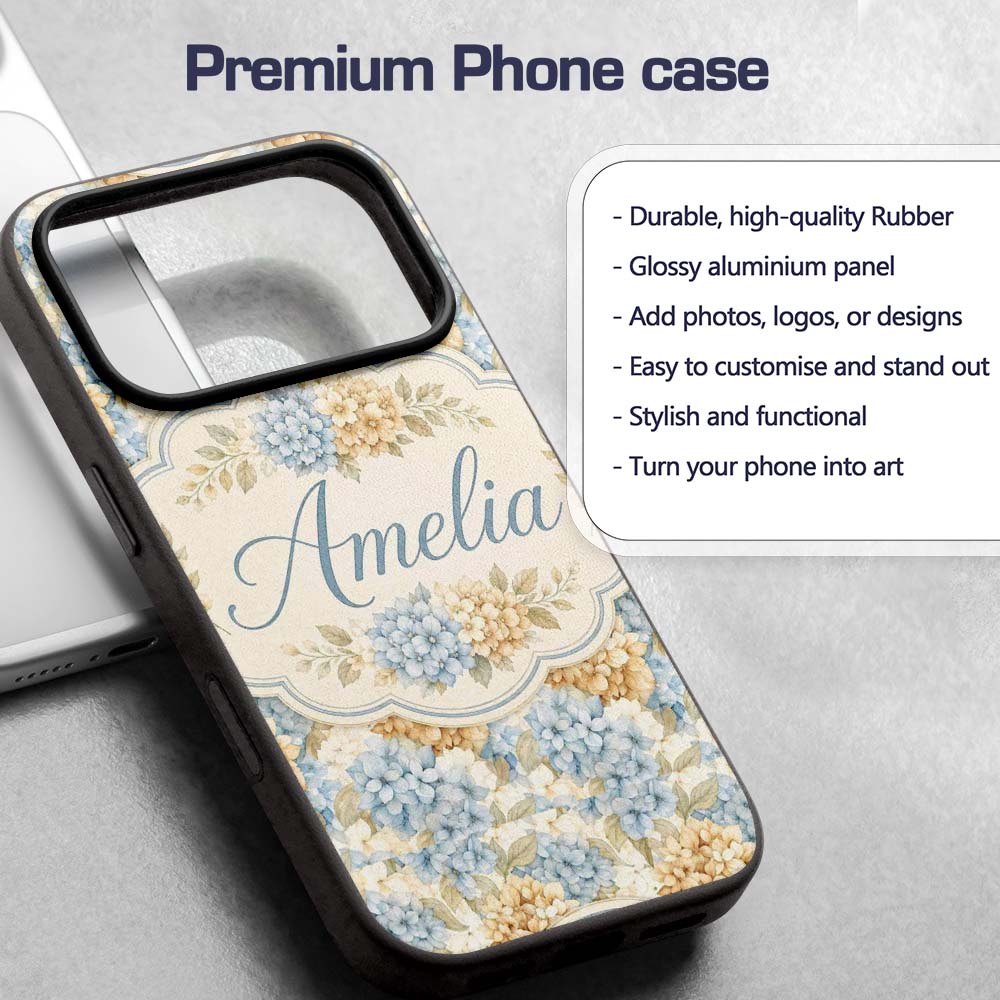 Vintage Blue and Cream Hydrangea Floral Seamless Custom Name Protective Phone Case Mobile Cover Durable Everyday Smartphone Shock Resistant