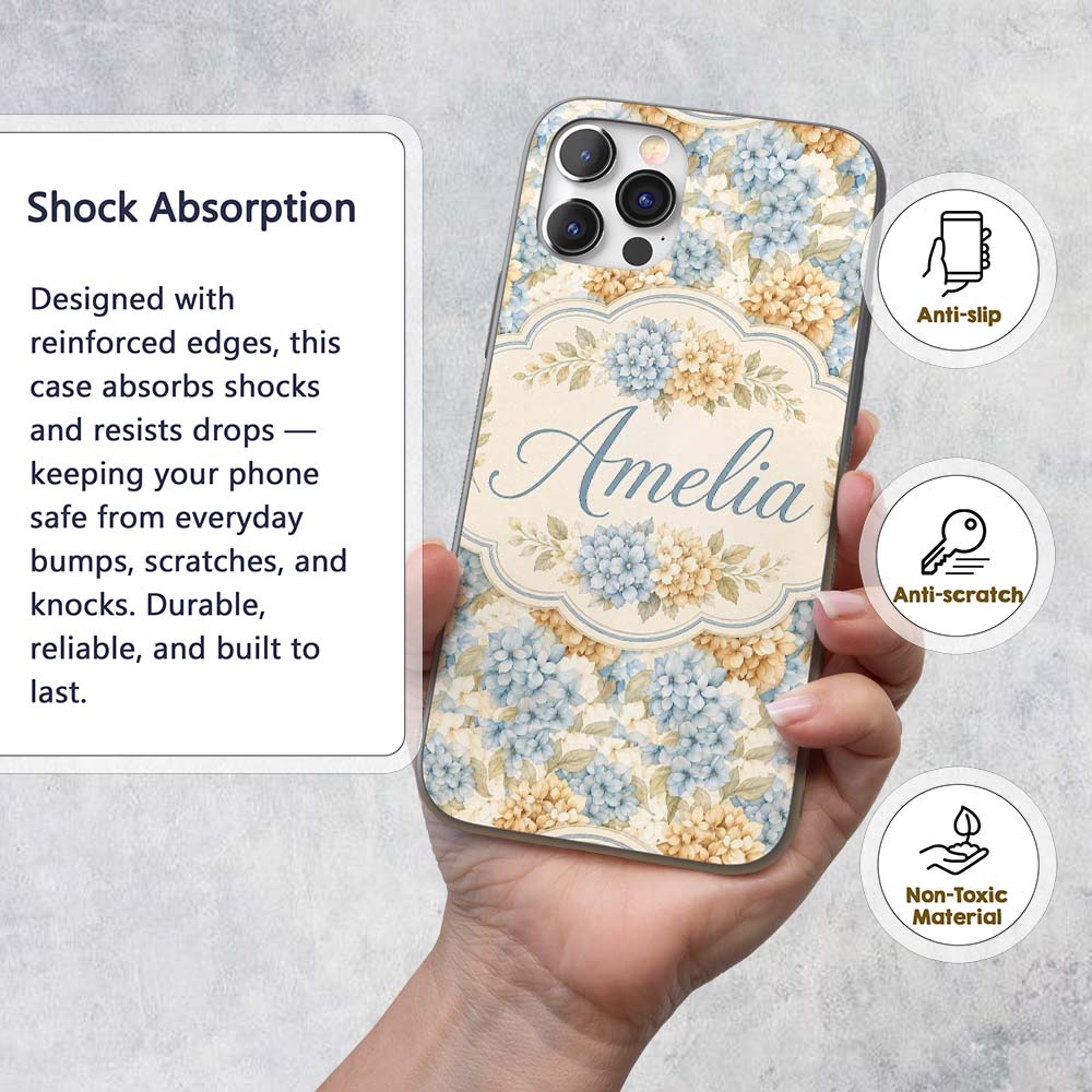 Vintage Blue and Cream Hydrangea Floral Seamless Custom Name Protective Phone Case Mobile Cover Durable Everyday Smartphone Shock Resistant