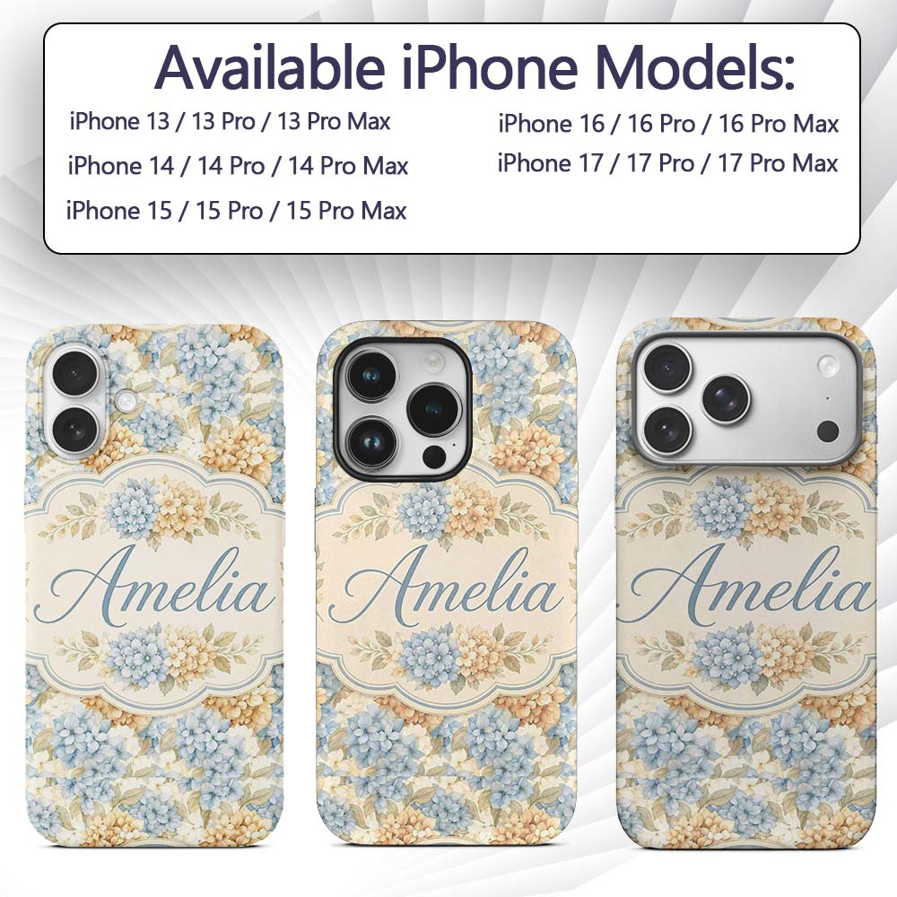 Vintage Blue and Cream Hydrangea Floral Seamless Custom Name Protective Phone Case Mobile Cover Durable Everyday Smartphone Shock Resistant