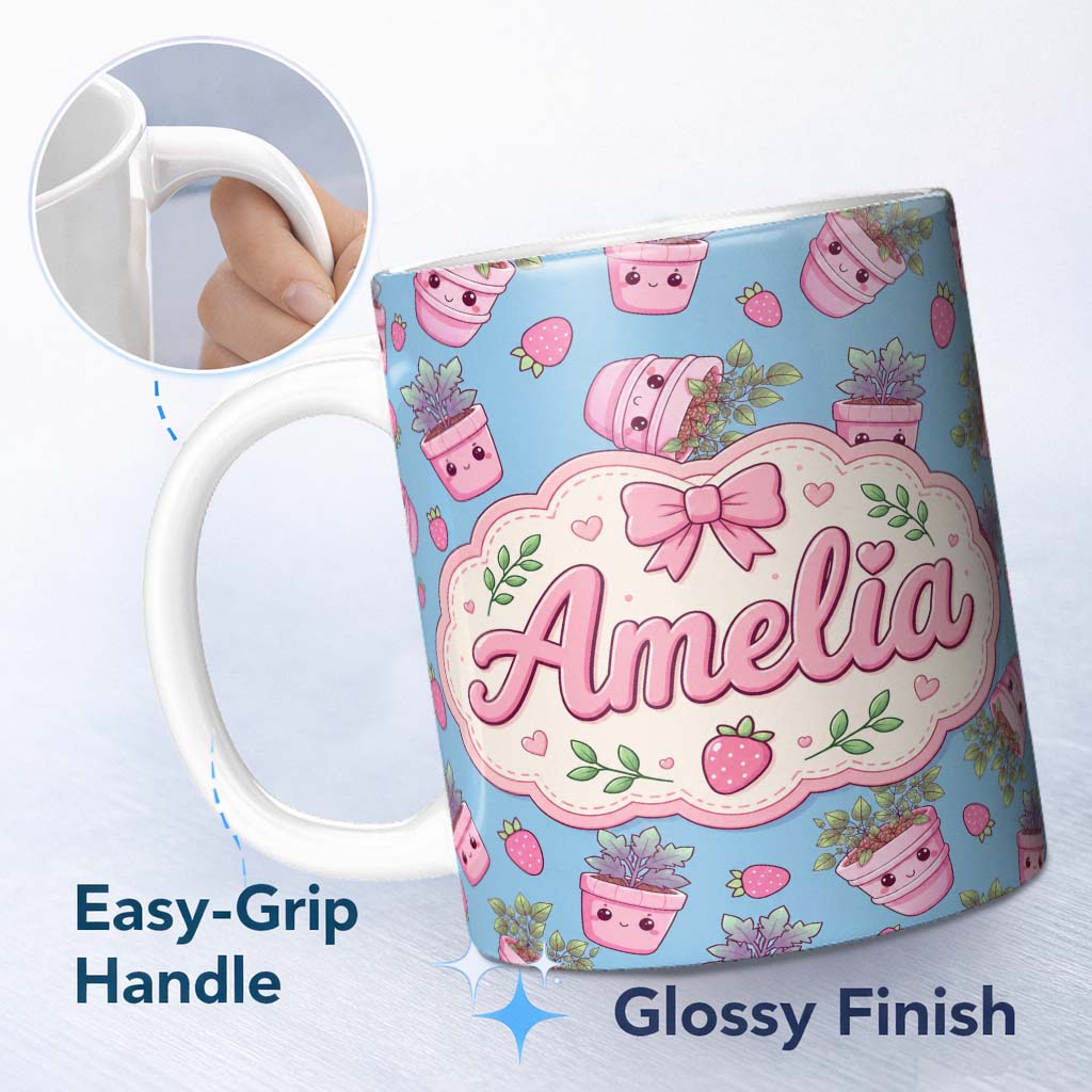 Personalized Custom Name Cute Pink Plant Pots Leaves Strawberry Seamless Pattern Blue Lovely 11oz Ceramic Coffee Tea Mug White Large Handle