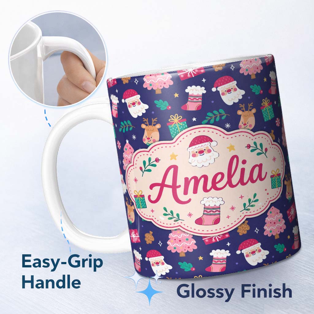 Personalized Custom Name Cute Santa Reindeer Tree Gift Dark Seamless Pattern Cute Unique Gift 11oz Ceramic Coffee Tea Mug White Large Handle