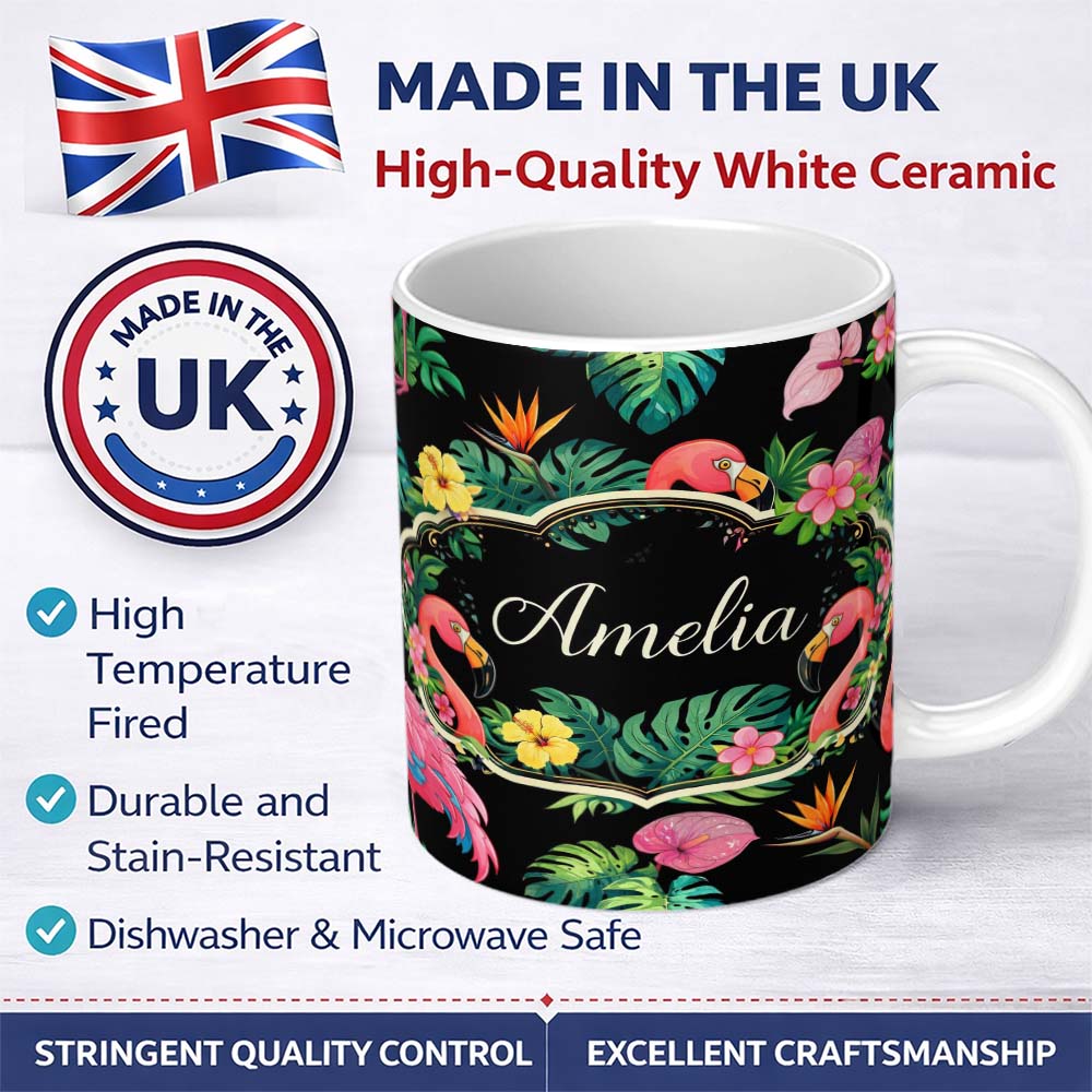 Personalized Custom Name Tropical Flamingo with Hibiscus Flowers and Leaves Black Background 11oz Ceramic Coffee Tea Mug White Large Handle