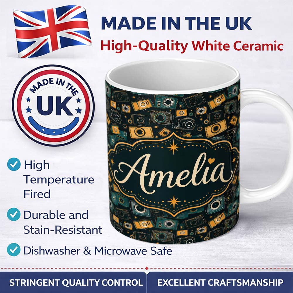 Personalized Custom Name Retro Camera Night Sky Seamless Pattern with Stars Dark Background 11oz Ceramic Coffee Tea Mug White Large Handle