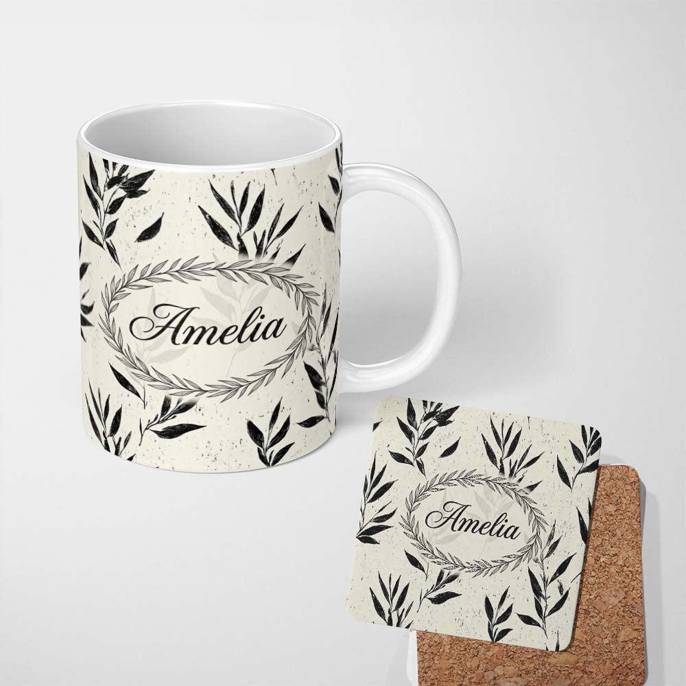 Personalized Custom Name Minimal Botanical Leaves Black Cream Organic Floral Pattern Lovely 11oz Ceramic Coffee Tea Mug White Large Handle