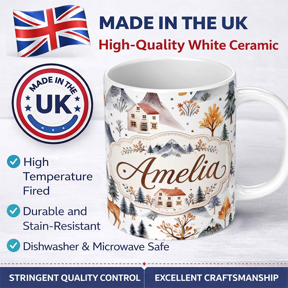 Personalized Custom Name Watercolor Winter Landscape Houses Mountains Trees Seamless Pattern 11oz Ceramic Coffee Tea Mug White Large Handle