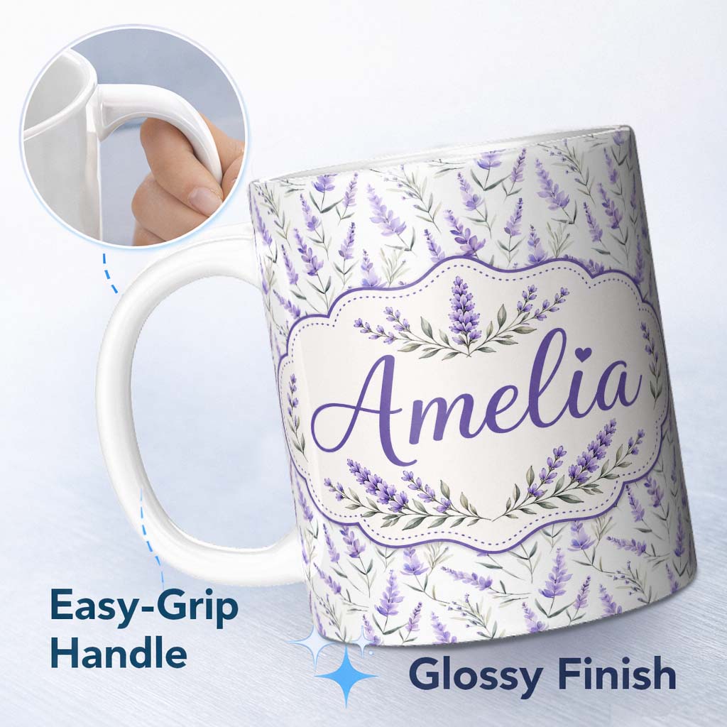 Personalized Custom Name Vintage Inspired Blue Floral Damask Pattern with Ornate Detailing 11oz Ceramic Coffee Tea Mug White Large Handle