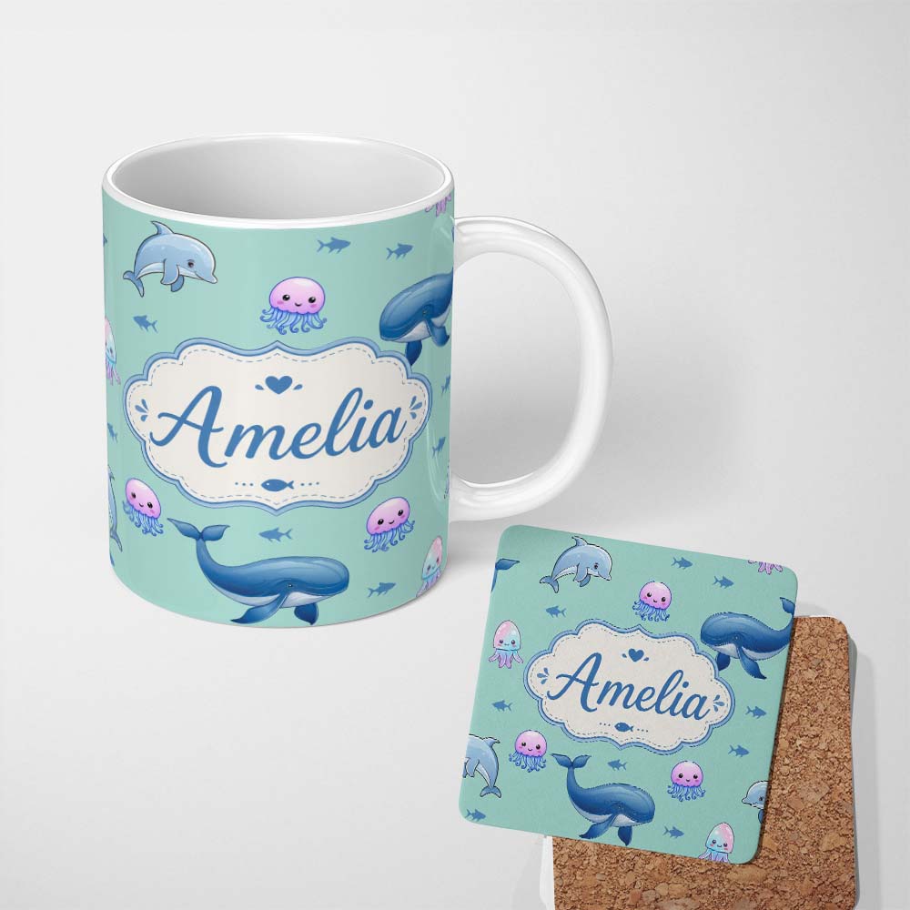 Personalized Custom Name Cute Dolphin Shark and Jellyfish Ocean Animals Mint Green Background 11oz Ceramic Coffee Tea Mug White Large Handle